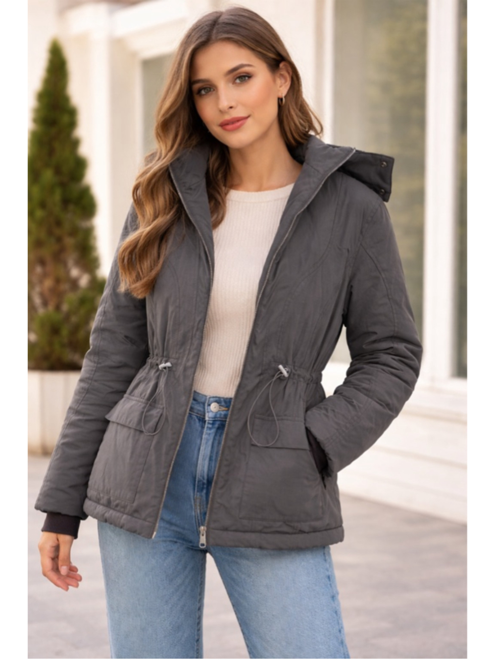 Women's OW Collection Gray Utility Puffer Jacket. Size Small
